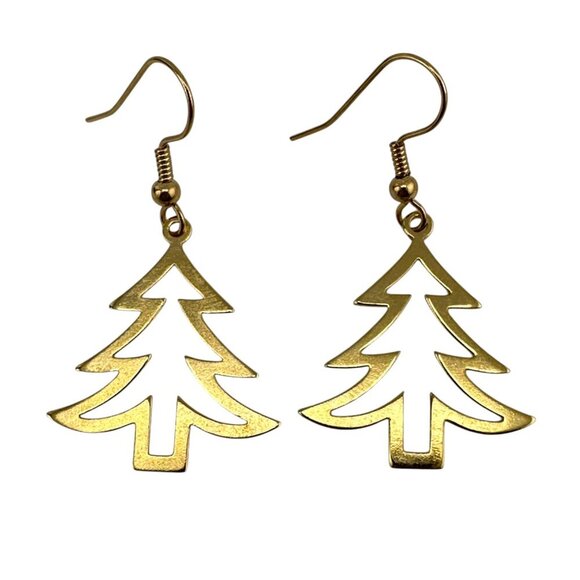 Christmas Tree Cut-out Earrings 24KT Gold Plated Pine Trees Gold Plated Hooks - Picture 6 of 10